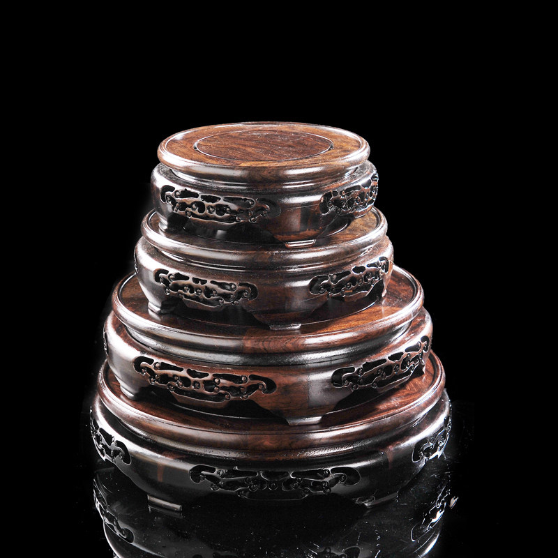 木质圆形古典花瓶托底座实木花盆底座 黑枝镂空雕花 圆形根雕手工