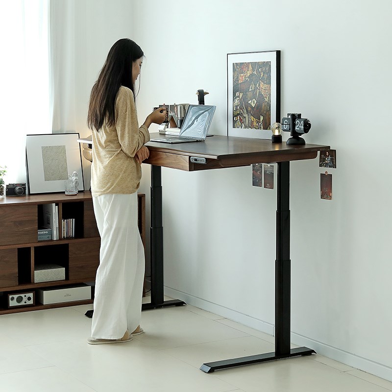实木黑胡桃木电动升降桌书桌面电脑桌电竞办公工作台智能抽屉学习