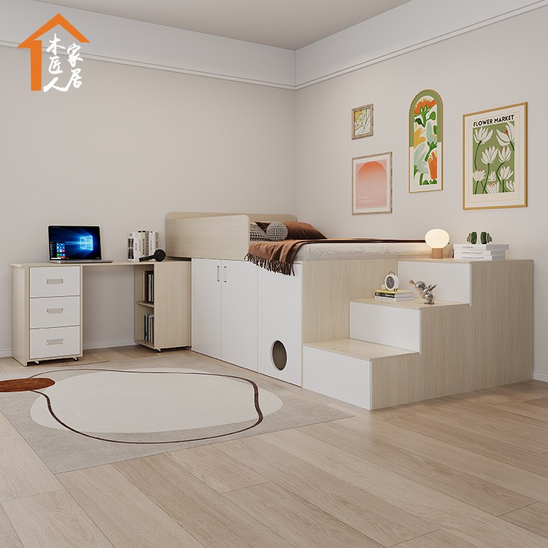 半高床抽拉柜一体收纳储物高箱床榻榻米儿童房猫窝洞床小户型定制