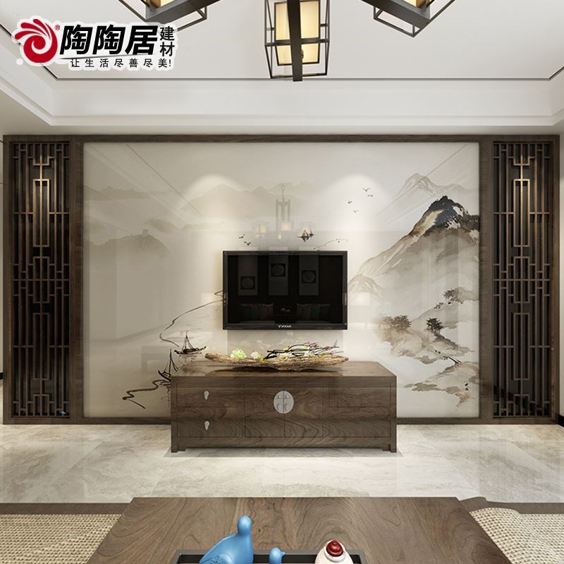 客厅新中式纯实木花格边框装饰岩板电视背景墙瓷砖简约大理石影视