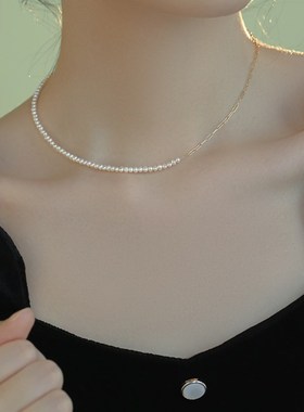 半珠和半炼自然淡水迷你珍珠拼接项炼为妇女冷风格14K金填充锁骨