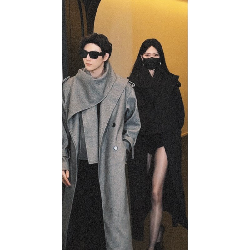 龙叨叨秋冬新款潮流围脖设计高级感保暖百搭长款宽松毛呢大衣