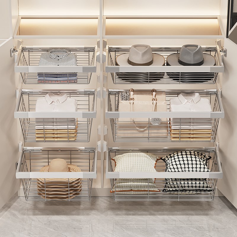 衣柜拉篮抽屉式伸缩带滑轨衣橱帽间分层内部改造收纳储物抽拉裤架