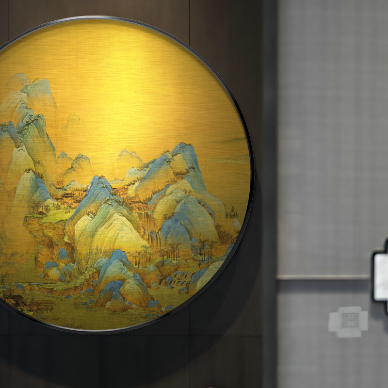 新中式圆形金属装饰画千里江山图客厅沙发背景墙挂画酒店别墅壁画图片