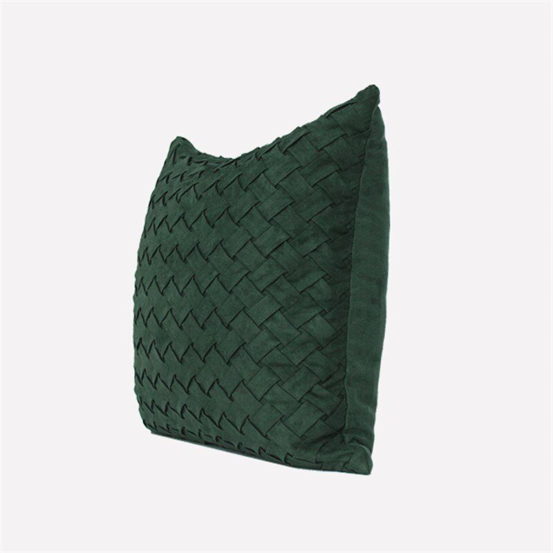 现代简约 样板房软装抱枕沙发靠垫靠包 墨绿色皮绒手工编织方枕