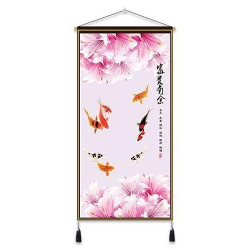 新中式牡丹九鱼图玄关装饰布艺挂画进门入户客厅走廊壁画过道挂毯图片