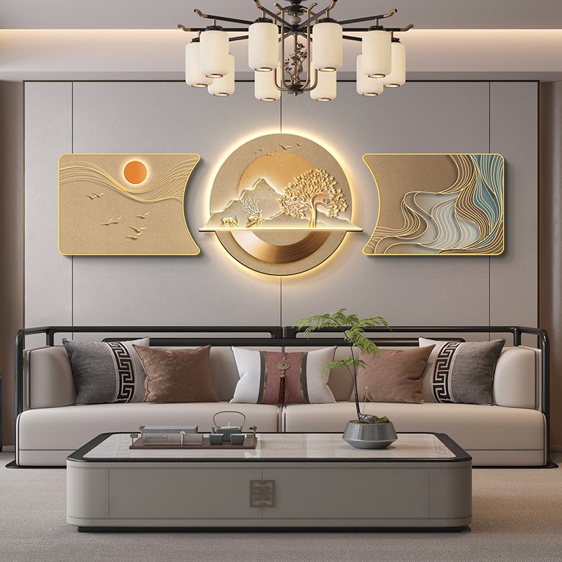 路路高升客厅装饰画新中式立体感无框氛围灯画沙发背景墙壁饰挂画