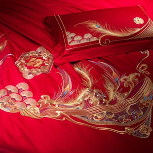 奢华全棉红色刺绣四件套结婚被套陪嫁喜被新婚嫁房床品