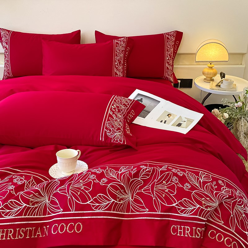 结婚四件套床上用品大红色喜嫁被套新婚床单双人喜被婚庆婚嫁2.0m