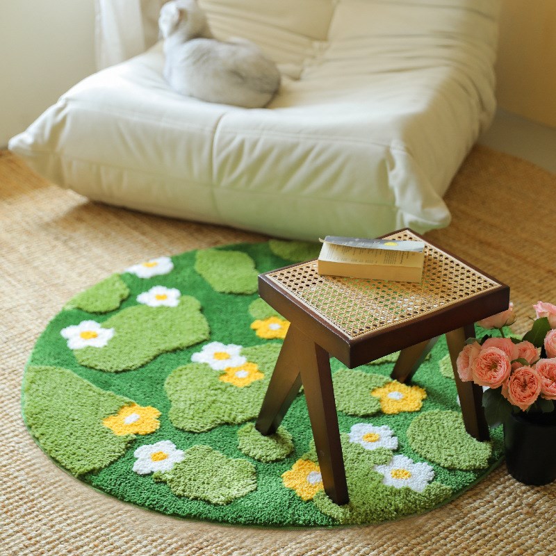 圆形苔藓地毯植绒地毯浴室垫卧室簇绒地毯绿色客厅地毯苔藓地毯