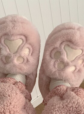 韩版可爱毛绒鞋女冬季软萌少女心居家防滑保暖全包跟猫爪棉拖鞋