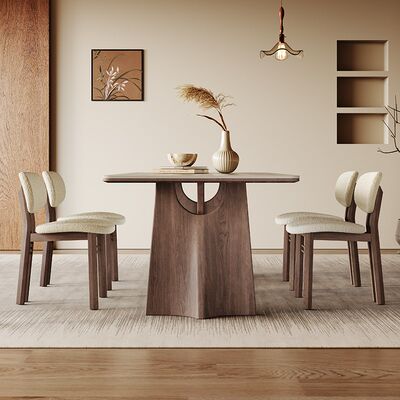 中古风洞石岩板餐桌小户型全托胡桃色饭桌6人长方形岩板实木餐桌