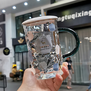 玻璃杯女夏季浮雕玻璃吸管喝水杯子咖啡牛Q奶杯高颜值带盖家用