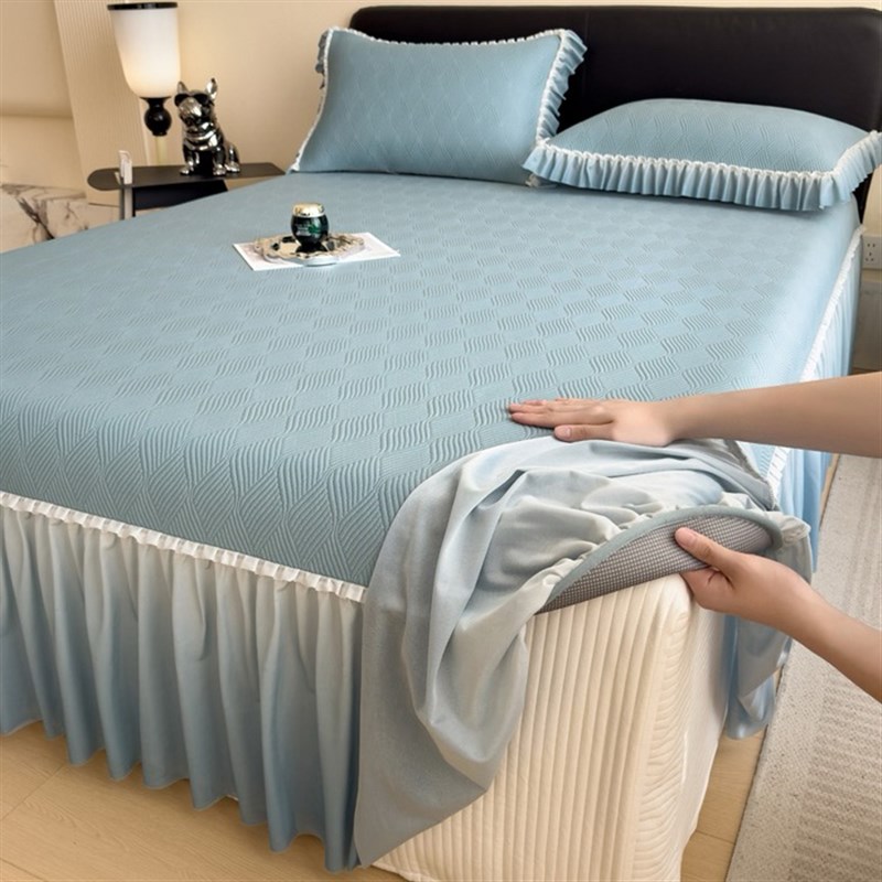 A类夏季床裙款凉席三件套凉感冰豆豆空调软席子床单带裙边可折叠
