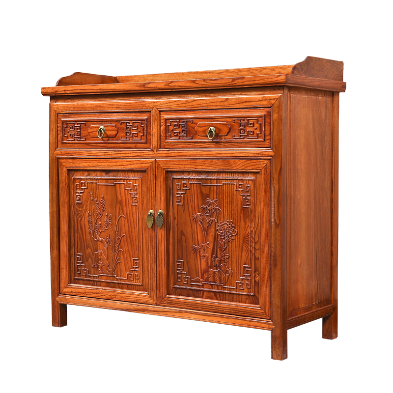 古典两门两斗雕花餐边柜 茶水柜 榆木柜子 中式实木收纳柜靠墙
