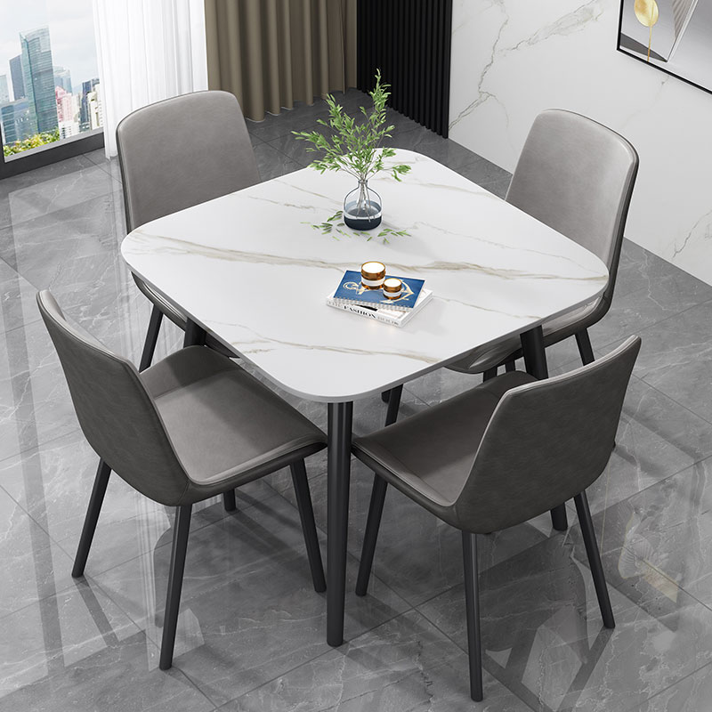 现代简约亮光岩板餐桌家用小户型方桌休闲大理石接待洽谈桌椅组合