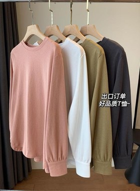 巨洋气~秋季新品松弛感衬衫袖圆领强捻棉垂感柔软长袖打底衫T恤女