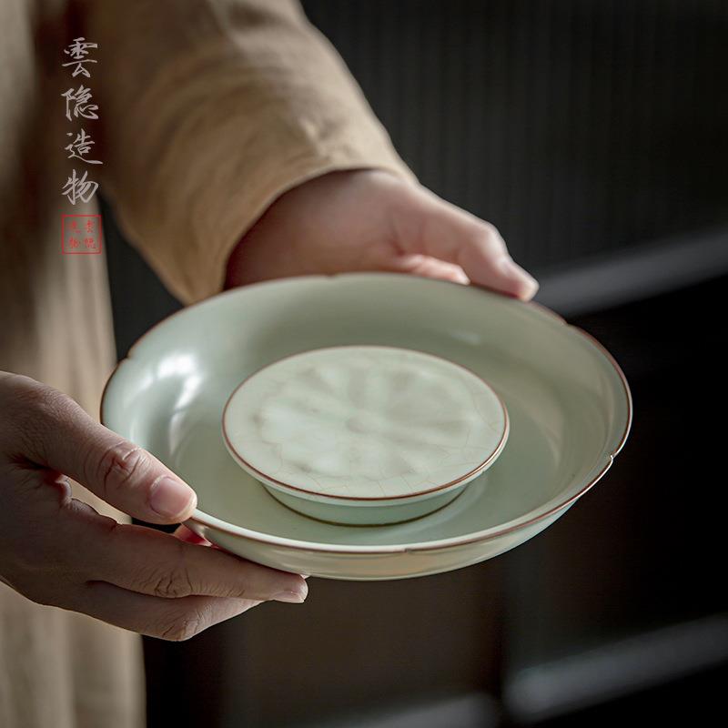 天青汝窑葵口壶承盖置套组汝瓷干泡盘壶托茶具配件家用陶瓷茶壶垫