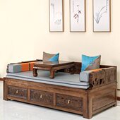 老榆木推拉罗汉床实木大象储物伸缩床沙发床多功能推拉床双人床