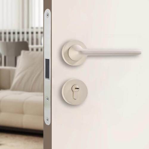 奶油风格米色家用门锁简单磁性静音室内卧室门锁门锁拉手实木拉手