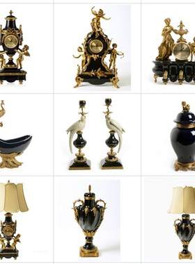 美式古典奢华装饰摆件欧式台灯时钟铜包陶瓷工艺套装客厅玄关摆设