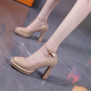 女神范法式 女2024y春秋新款 防水台一字扣带时尚 粗跟单 方头高跟鞋