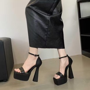 女34小码 15cm超高跟防水台模特走秀鞋 方头夜场恨天高粗跟包跟凉鞋