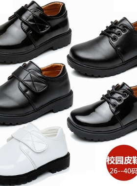 儿童皮鞋b男童黑色白色亮镜面绑鞋带魔术贴中小学生孩子校园礼仪