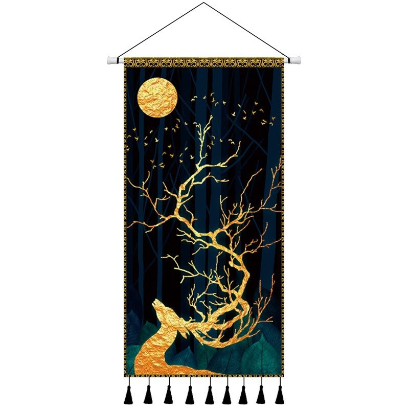 竖版客厅挂画走廊装饰画玄关奢现代布艺墙布挂布发财树挂毯轻艺术图片