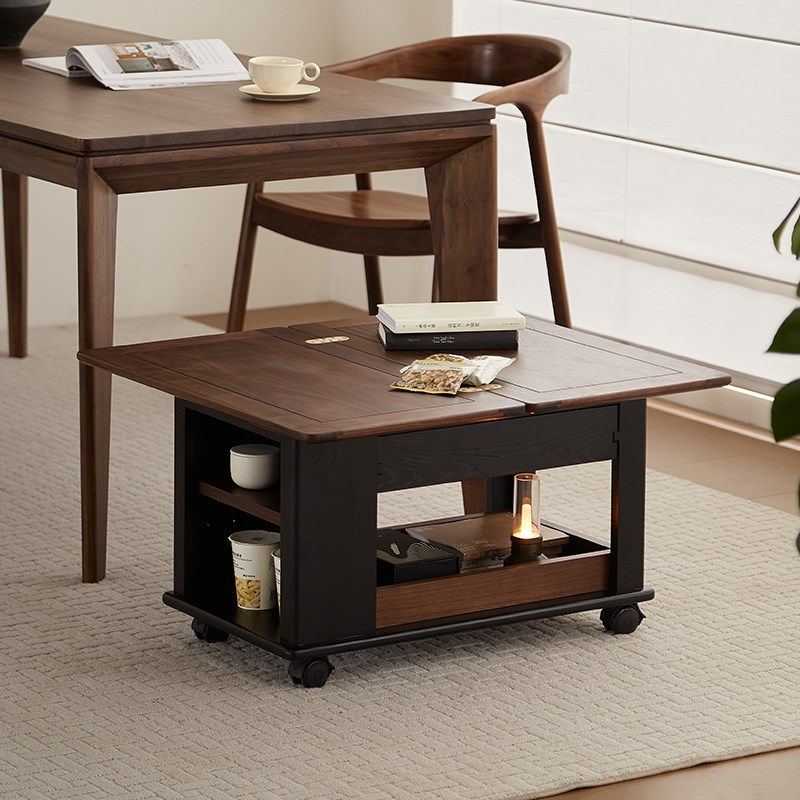 全实木奶油风可移动折叠茶桌黑胡桃木多功能小户型茶几沙发边几柜,住宅家具,移动边几/推车,淘宝优惠券,粉丝福利购,淘宝优惠卷
