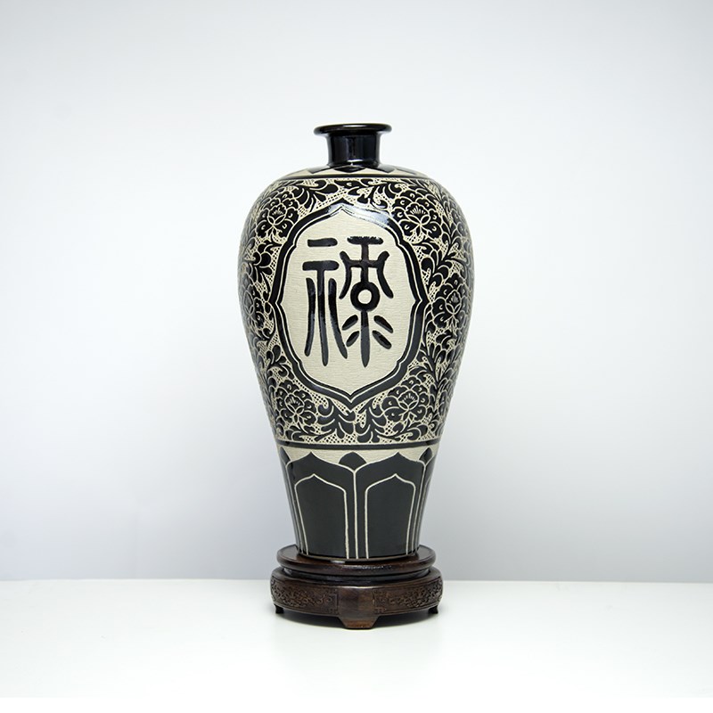 磁州窑福禄寿现代手绘雕刻工艺品摆件中式桌面家居装饰品客厅花瓶