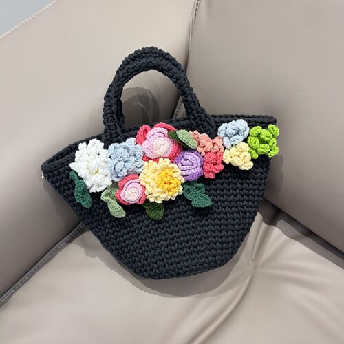 钩针春日花花f小清新草编包女夏百搭手提菜篮子海边度假沙滩水桶