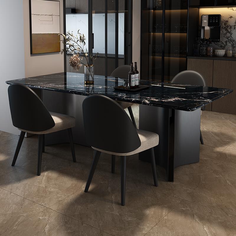 国补小户型意式极简纯黑色大理石长方形餐桌椅组合家用现代饭桌子