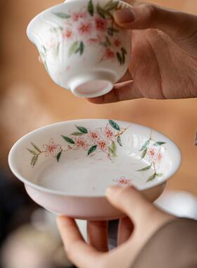弥言水纯绘桃花壶27900承圆形约蓄干泡盘纯手工陶瓷简茶盘盖碗手