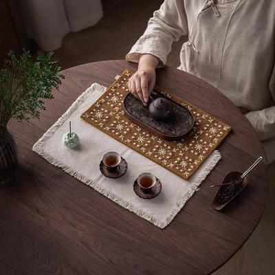 1913隔新中式棉麻窗花刺配绣苏干泡席抓边流茶席复古轻奢布茶桌热