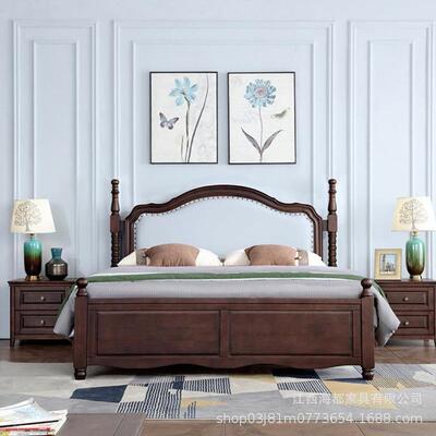 轻奢复古美式实木床1.米马胶木橡床罗柱双人S010312大床主卧软包