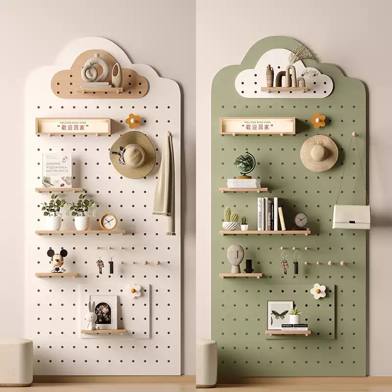 云朵绿色玄关洞洞板定制置物架木质展示收纳墙Q面装饰收纳层架实