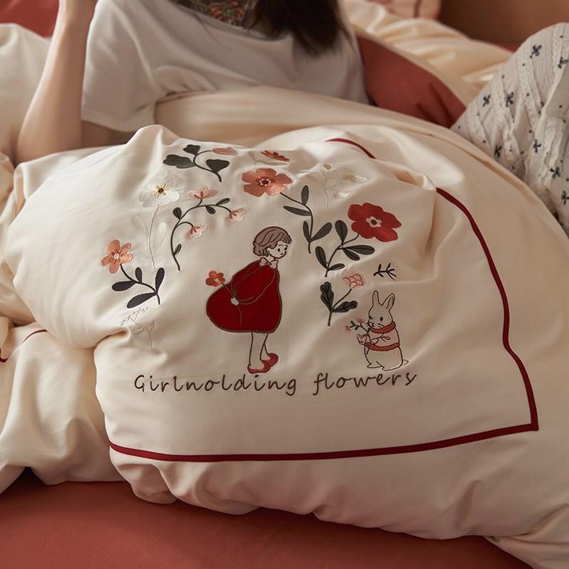 50支双股秋冬加厚磨毛保暖绣花1.8m床上三四件套女孩全棉被套床单