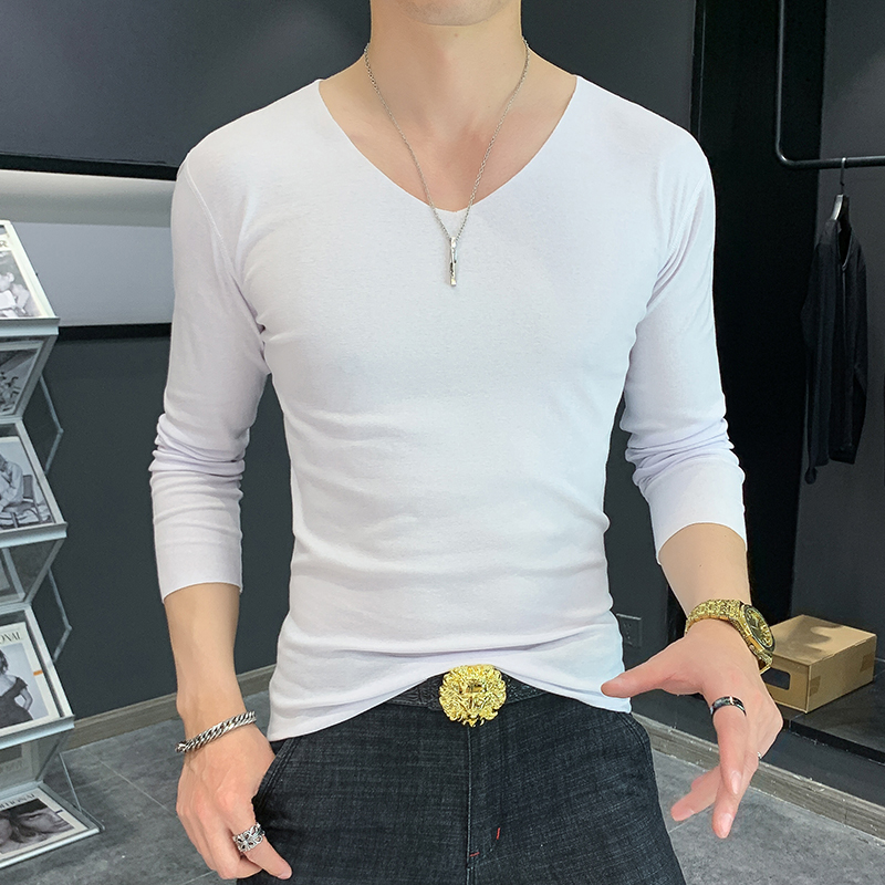 男士长袖T恤丝光棉V领白色紧身薄款T恤衫低领内搭衣秋衣