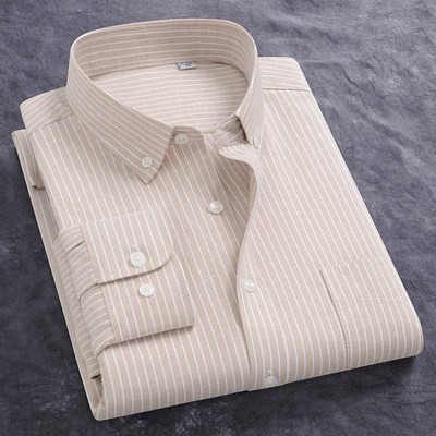 新款男士水洗牛津纺长袖衬衫中年休闲上班白色全棉工作服衬衣