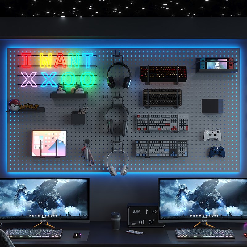 电竞房洞洞板置物架黑色墙上电脑桌墙面收纳氛围灯装饰耳机展示架