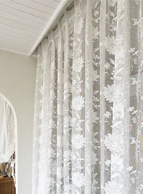 新款简约欧式美式花满楼半透光白色绣花窗L纱卧室客厅阳台纱帘成