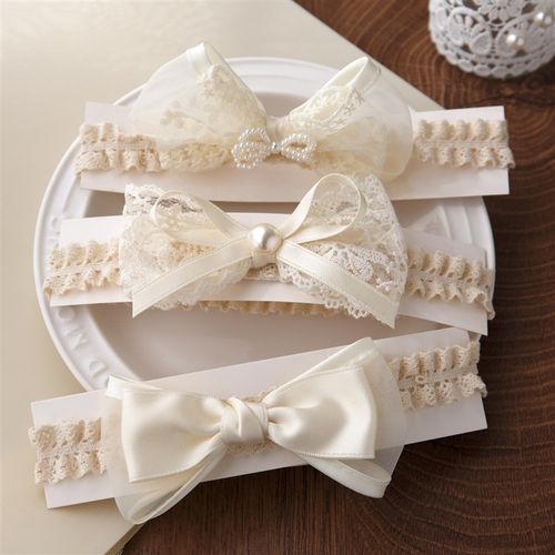 韩版高级感米色蕾丝婴幼儿发带蝴蝶结超仙吊珍珠护脑门宝宝发饰