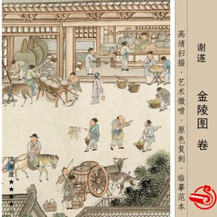 谢遂杨大章仿宋院本金陵图卷国画工笔人物山水风景临摹画稿卷轴画