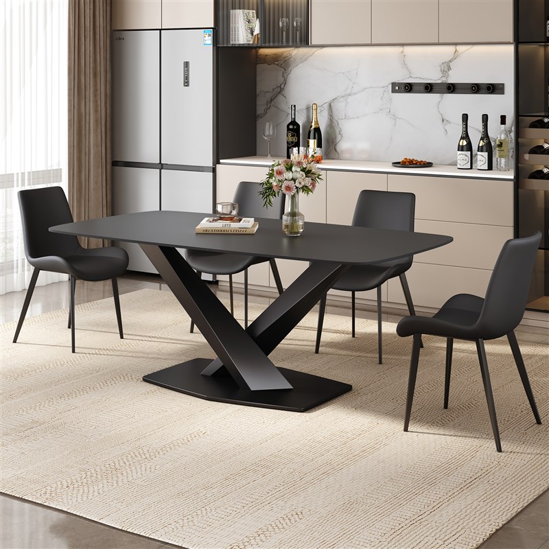 梵普森黑色岩f板餐桌椅组合现代简约小户型餐厅家用饭桌长方形餐
