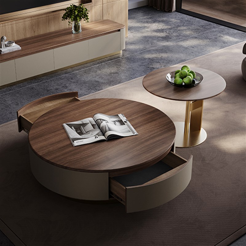 茶几客厅2025新l款轻奢高级感小户型高端黑胡桃实木圆形电视柜组