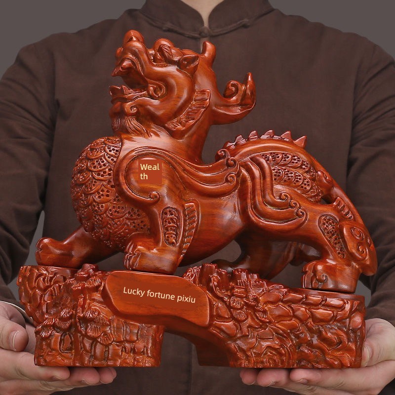 黑檀实木雕刻招财貔貅摆件一对z家居客厅电视柜装饰办公室开业礼