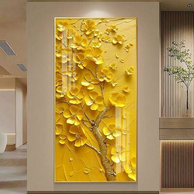 发财树中式入户玄关壁画过挂道饰走廊竖版画招财LDC装画黄金树金