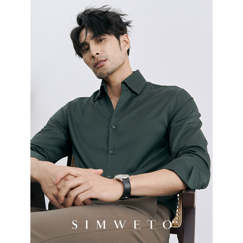 秋季气质型男 半开领高级感咖啡色衬衫男商务免熨烫绿色衬衫一片