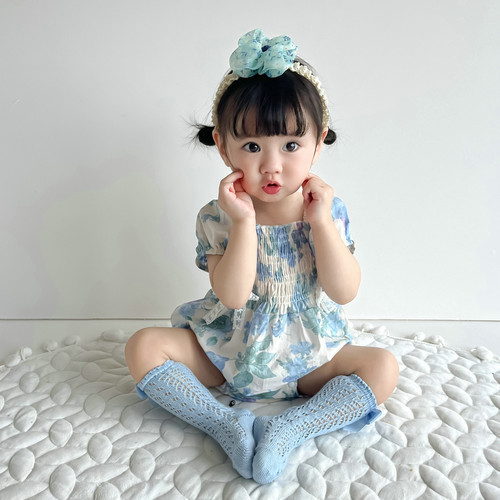 婴儿连身衣夏款韩版婴幼儿碎花泡泡袖包屁哈衣宝宝夏季薄款三角爬
